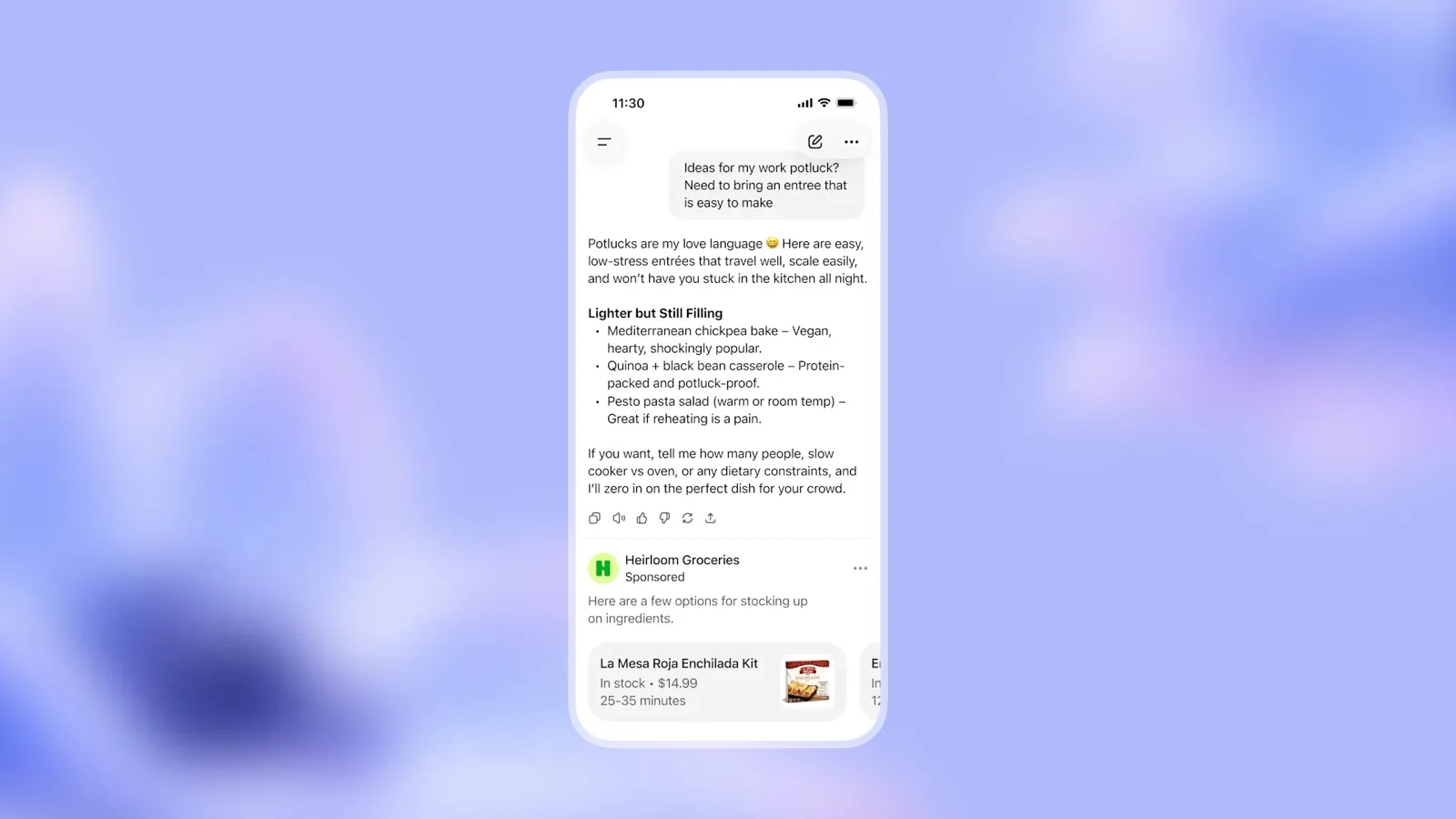 Druhá ukázka reklamy pod odpovědí ChatGPT - nabídka s možností navázat konverzaci