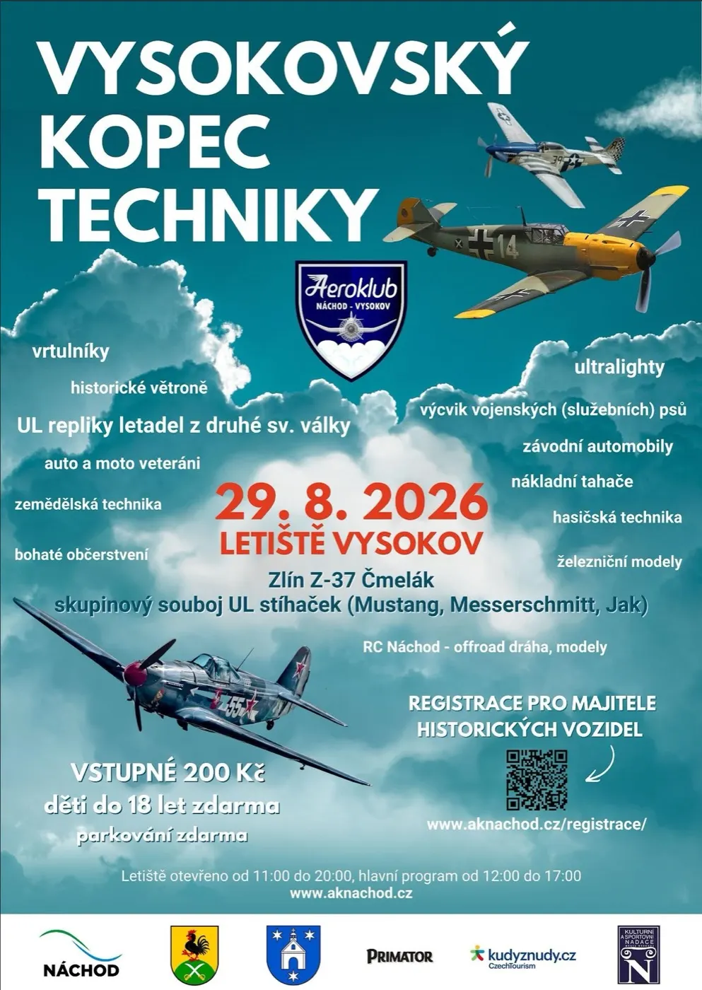 Plakát Vysokovský kopec techniky 2026 - Mustang, Messerschmitt Bf 109, Jak, letiště Vysokov 29. 8. 2026